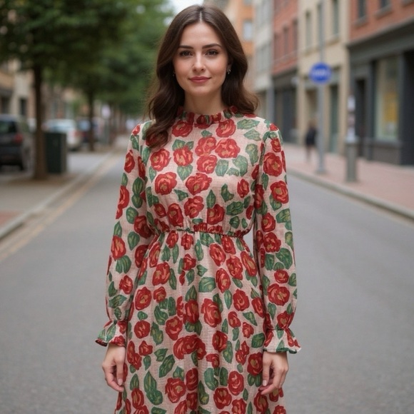 JODIFL Red and Green Long Sleeve Mock Neck Dress - Picture 1 of 6
